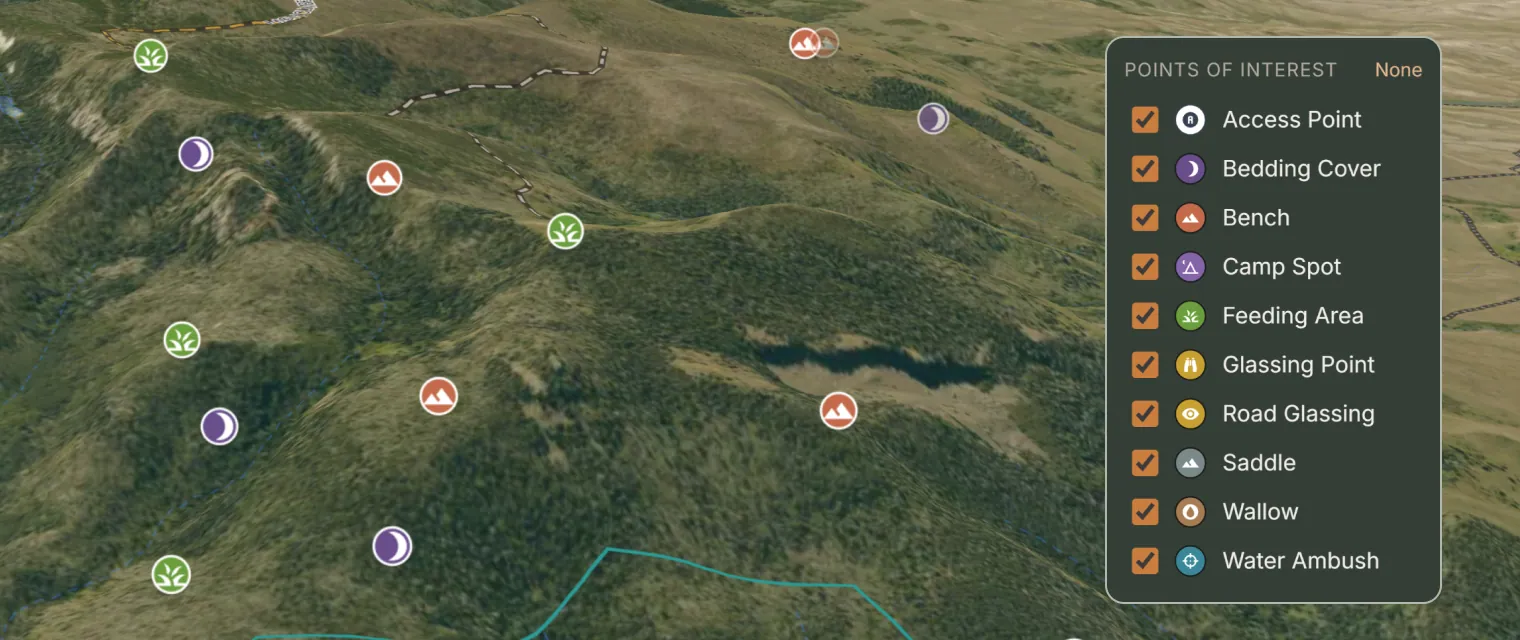 Points of interest on the Glassline map: feeding areas, bedding cover, benches, wallows.