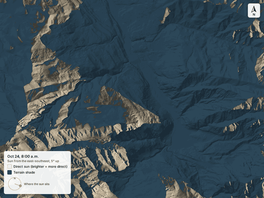 Animation of the drainage through October 24, from 8:00 a.m. to 6:00 p.m.: sun first lights the east-facing slopes, covers nearly the whole drainage around midday, then moves onto the west-facing slopes as shade fills back in from the east.