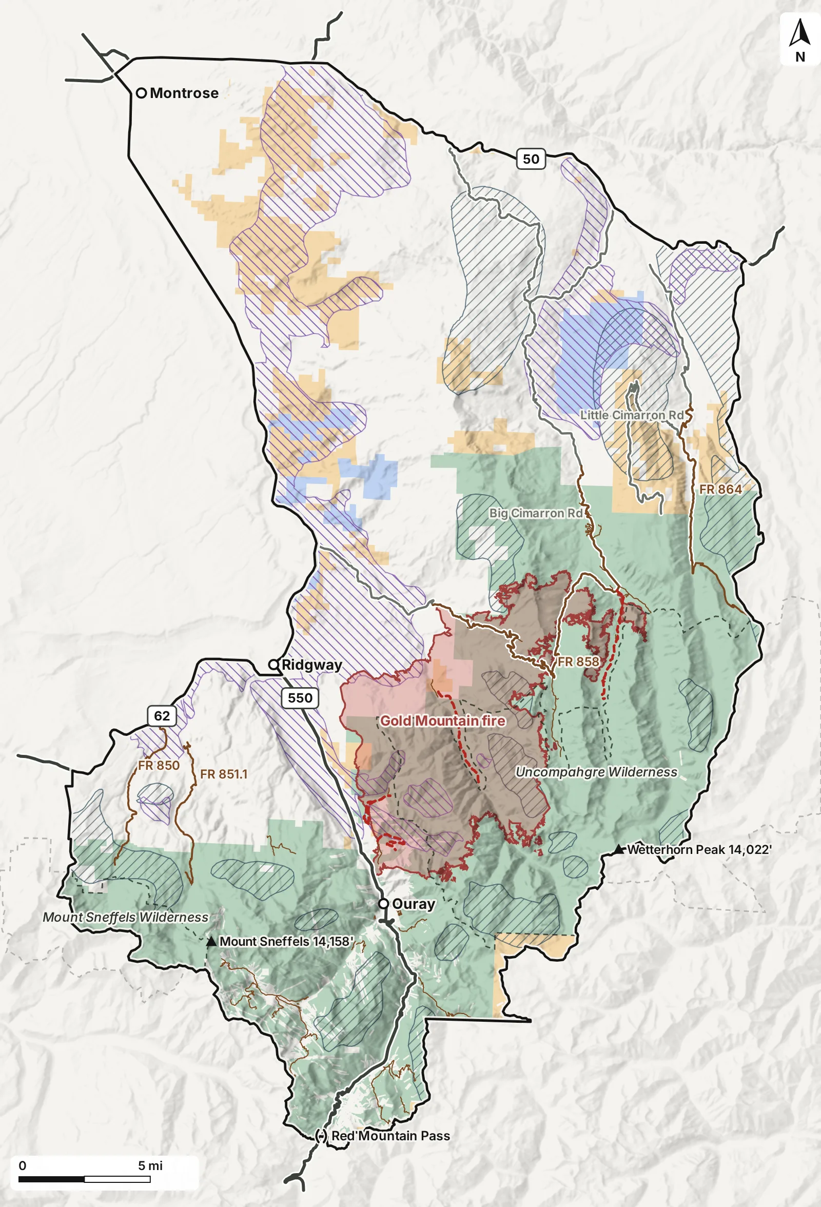 Map of Colorado Unit 65: public land, wilderness, the Gold Mountain fire perimeter, CPW's mapped elk concentration areas, forest roads and highways.