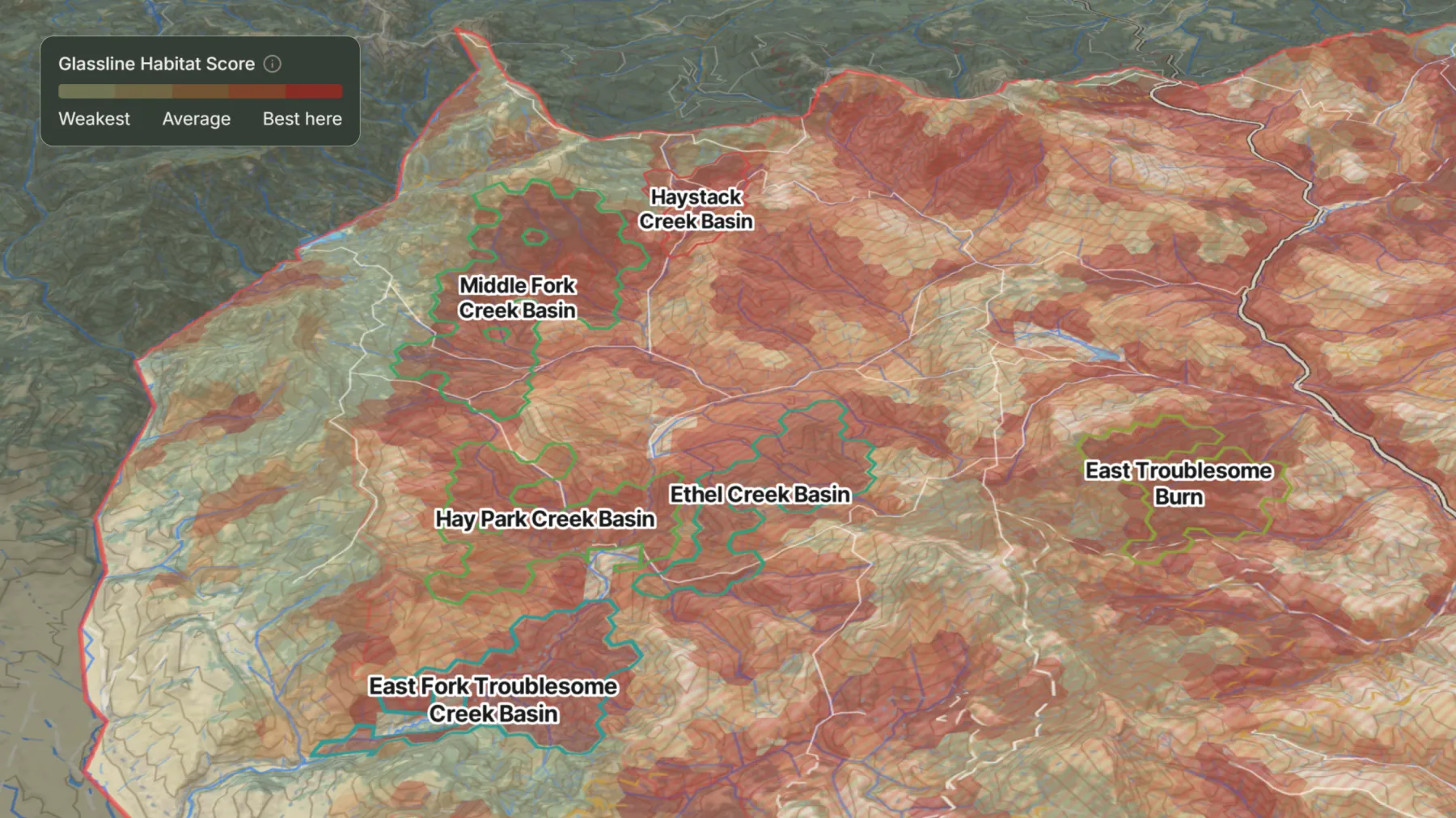 Glassline habitat score drawn across a unit in 3D, with named hunt areas.