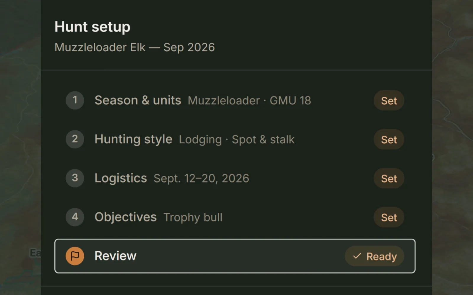Hunt setup screen in the Glassline app.