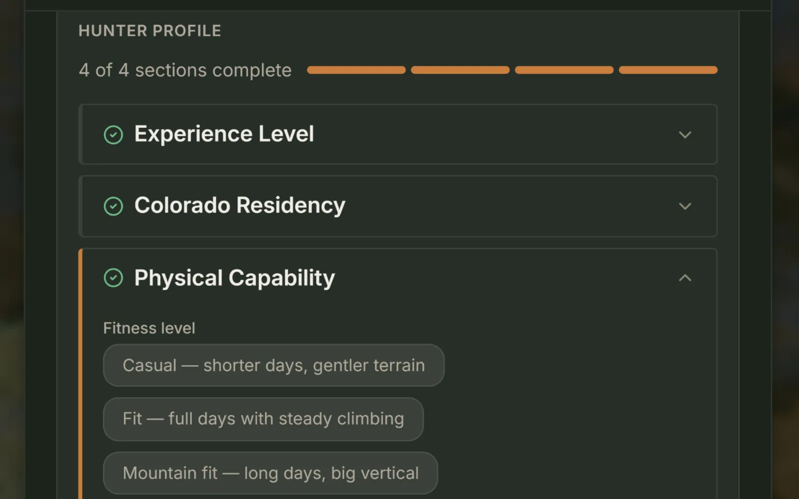 Hunter profile and physical capability screen.