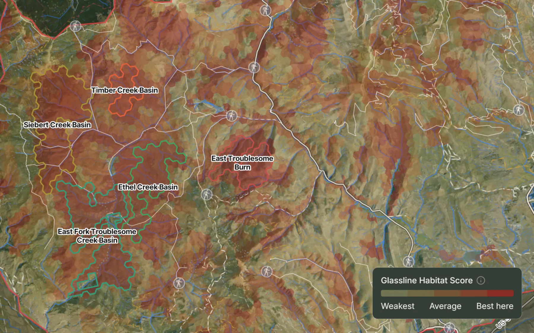 Scored hunt areas on the Glassline map.