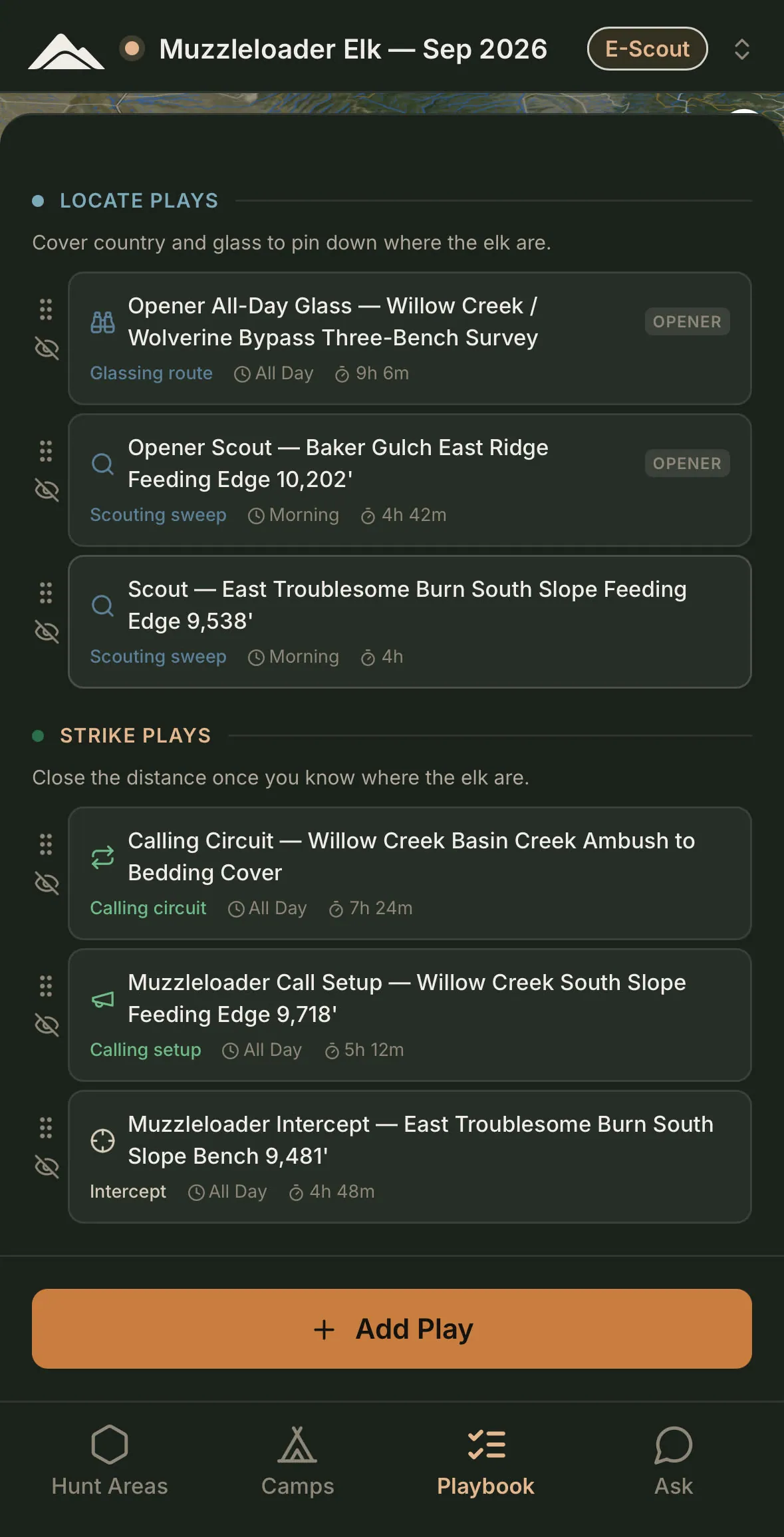 The play list: locate and strike plays with conditions and effort for each.