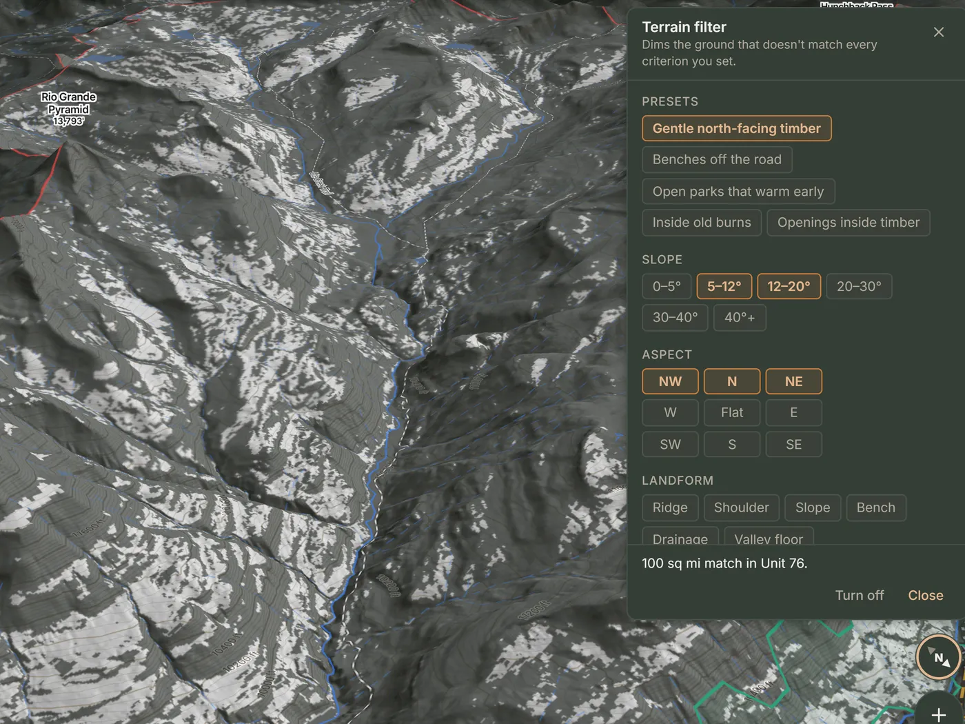 The Terrain filter's Gentle north-facing timber preset in Unit 76, with 100 sq mi matching.