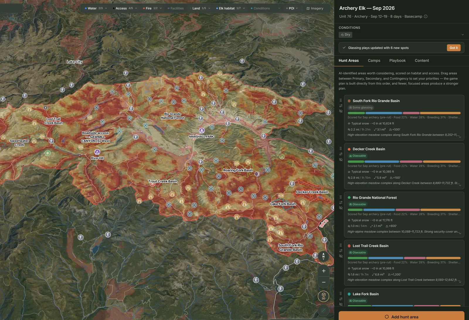 Hunt areas across a Colorado unit on the 3D map, each card with its glassing chip, habitat breakdown and access.