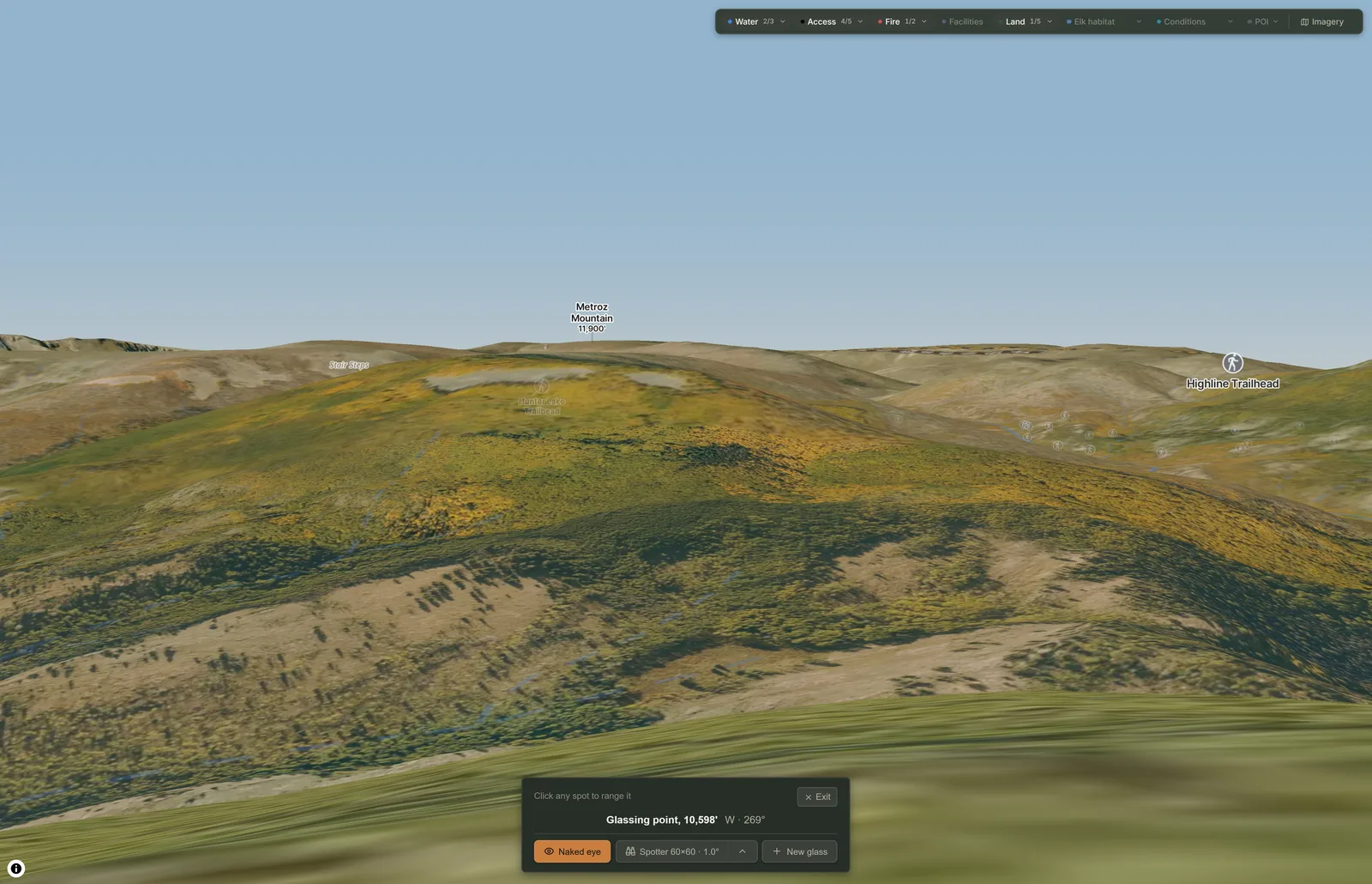 Stand here: the view from a glassing point at 10,598 feet, in 3D, with the naked-eye and spotter controls.