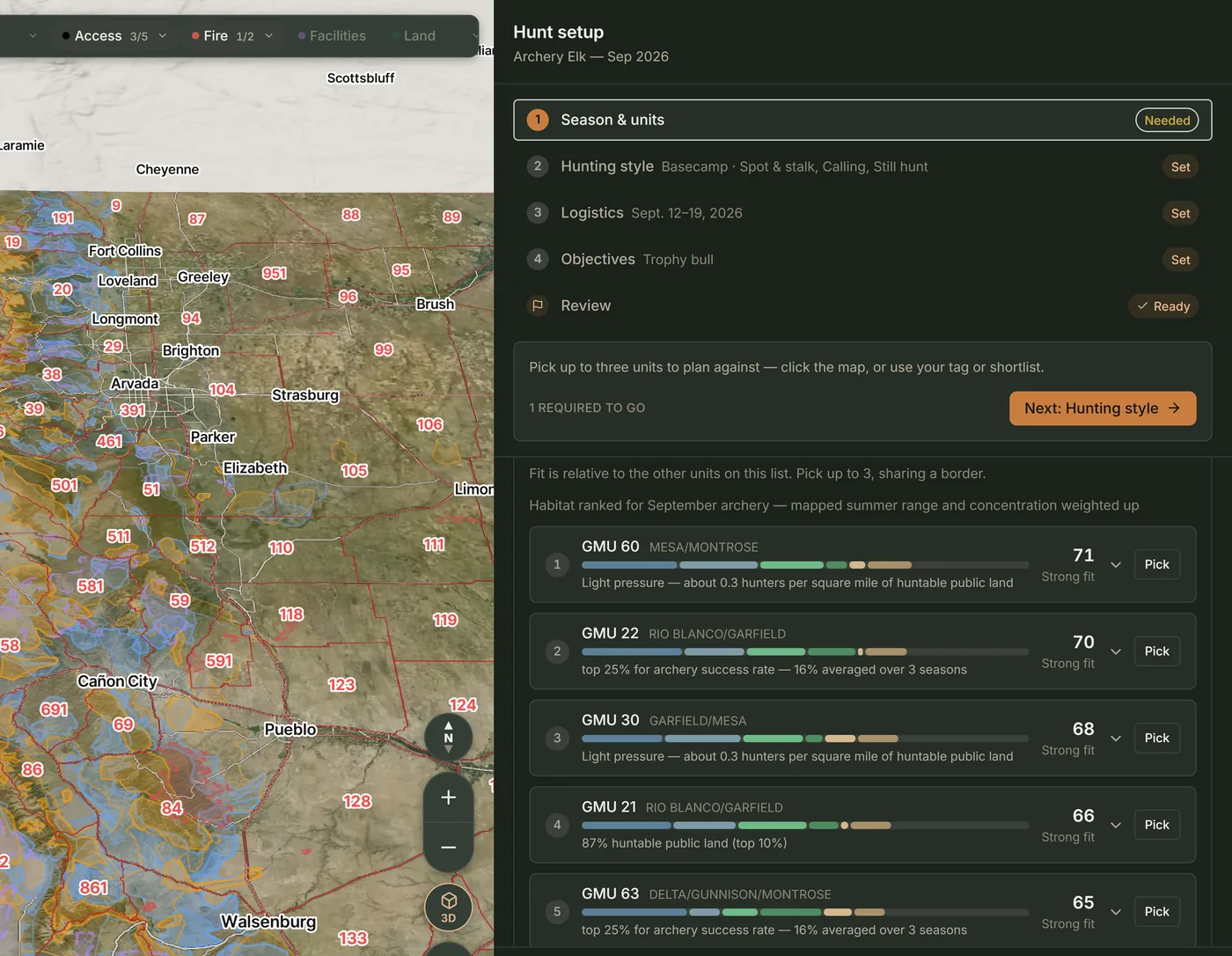 Units ranked by fit for September archery, with the map of Colorado units beside the list.