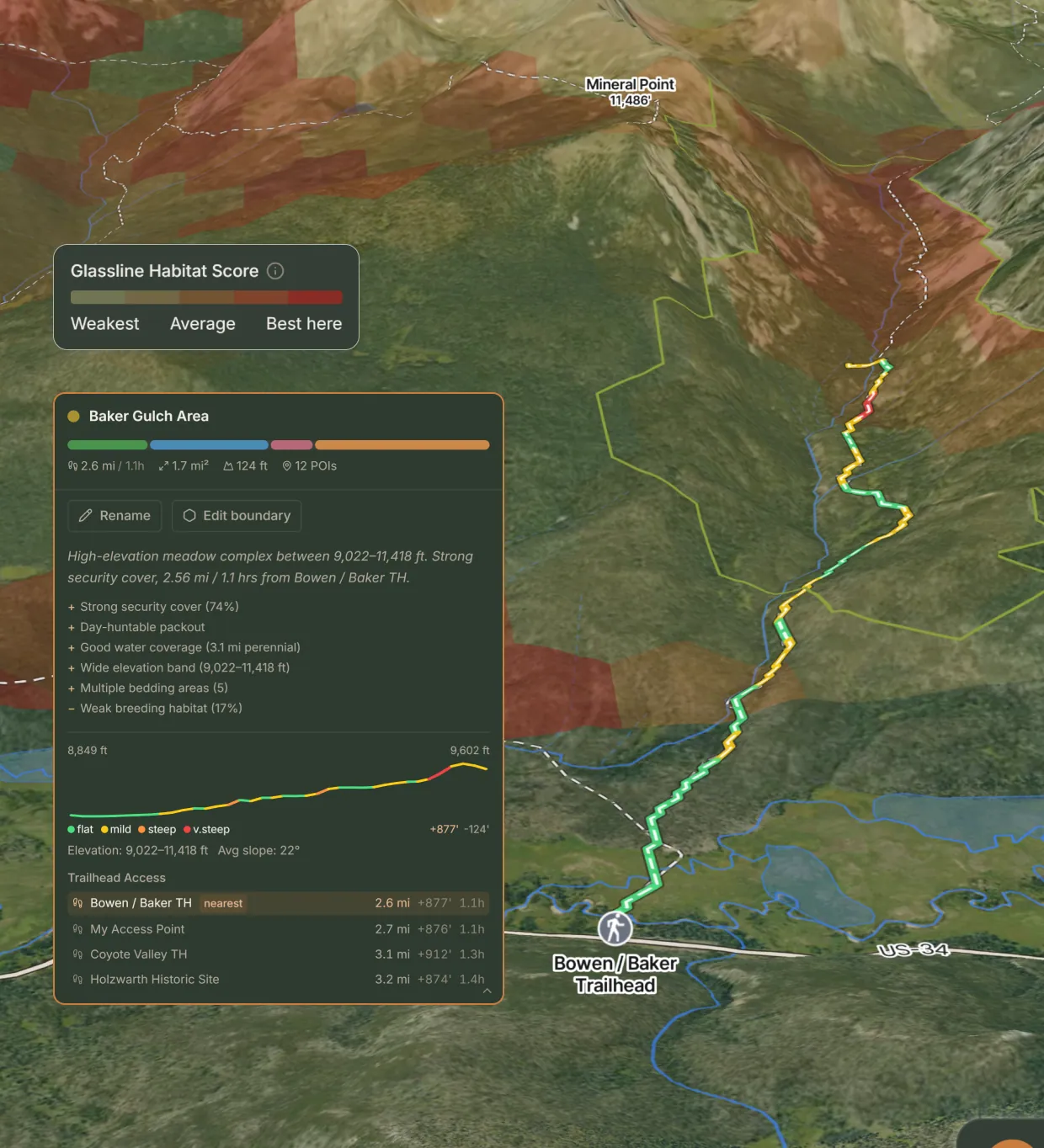 The Glassline map: scored hunt areas and points of interest across a Colorado unit.