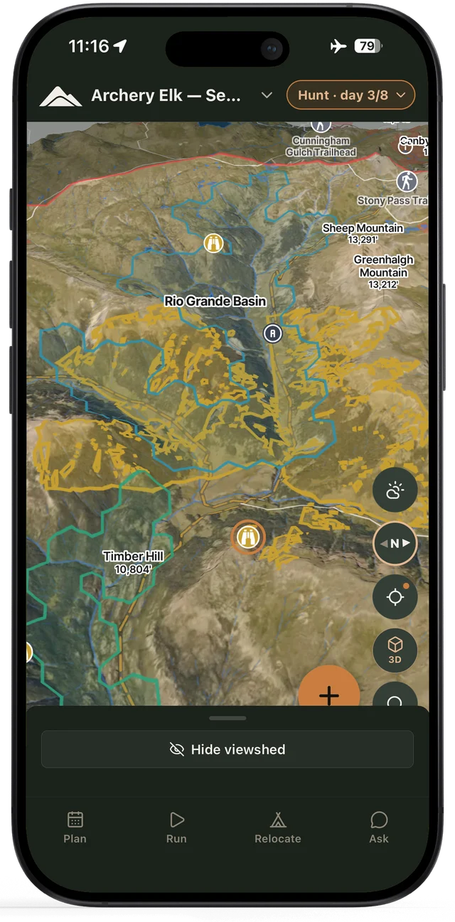In airplane mode, a glassing point's viewshed still draws over the offline map.