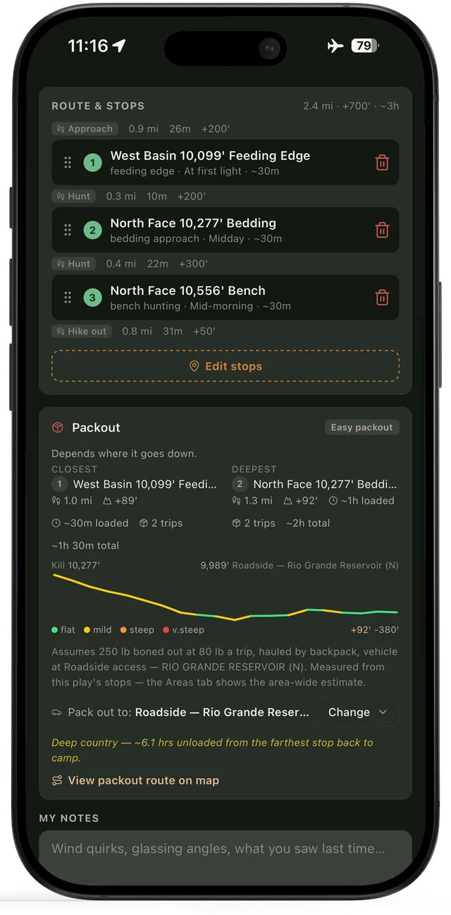 Packout math on a play: trips and hours from the closest and deepest stops, with the carry's elevation profile.