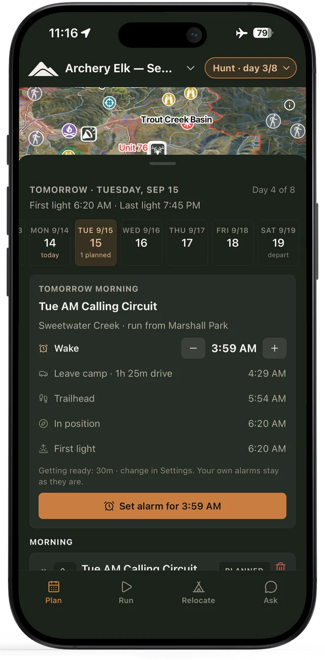 Hunt mode's Plan tab: tomorrow morning's wake time, leave camp, trailhead, in position and first light.
