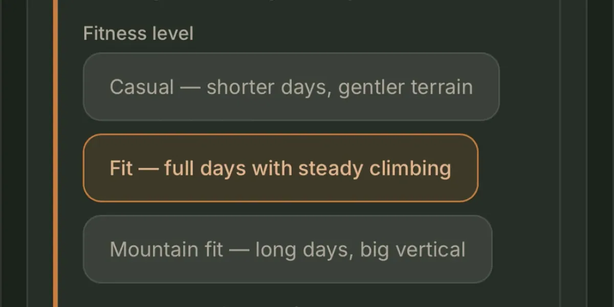 Fitness level set to full days with steady climbing.